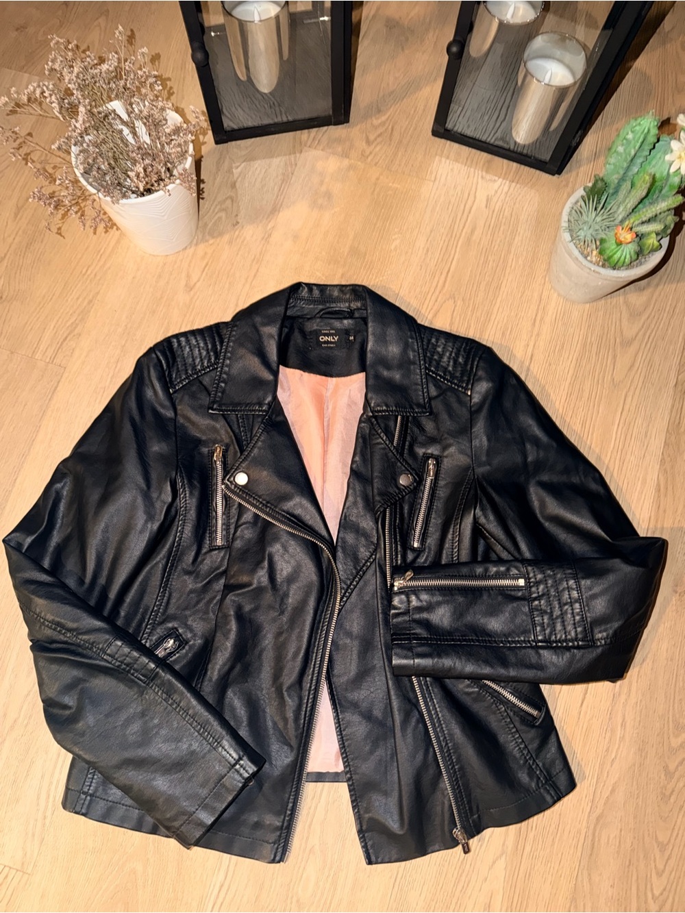 Only Black Faux Leather Biker Jacket with Pink Lining